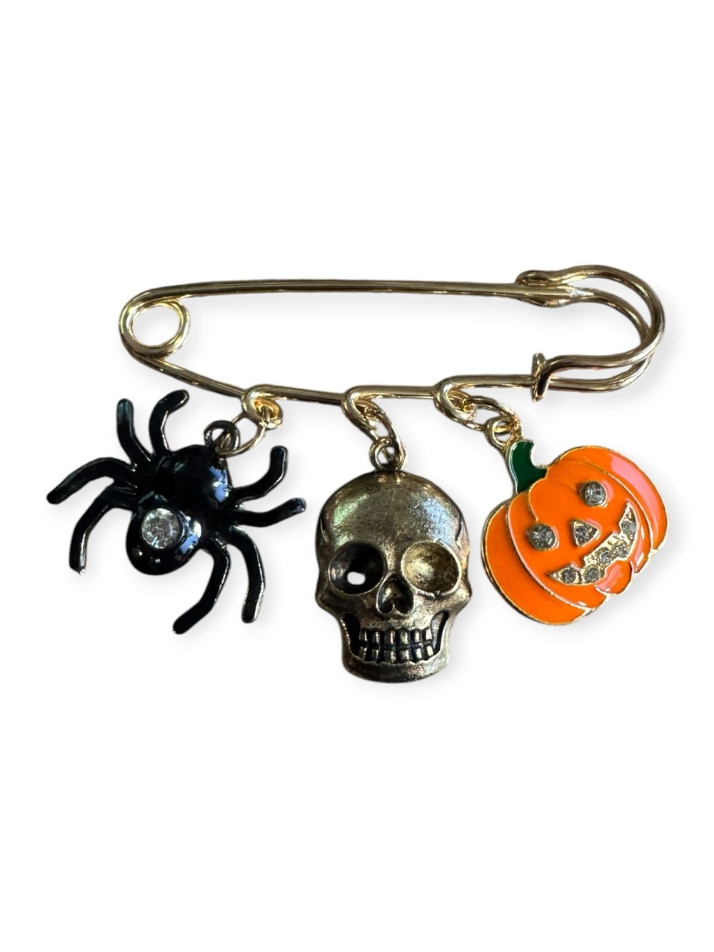 Halloween Charm Safety Pin Brooch - Orange Pumpkin, Black Spider, Silver Skull